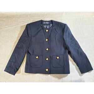 Herbert Grossman Vintage Black Collarless Blazer Gold Crest Buttons Womens 12